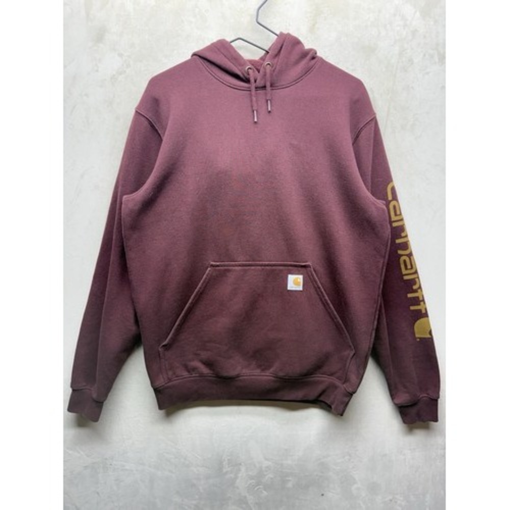 Carhartt Hoodie Mens Medium Burgundy Fleece Pullover Logo Sleeve Kangaroo Pocket